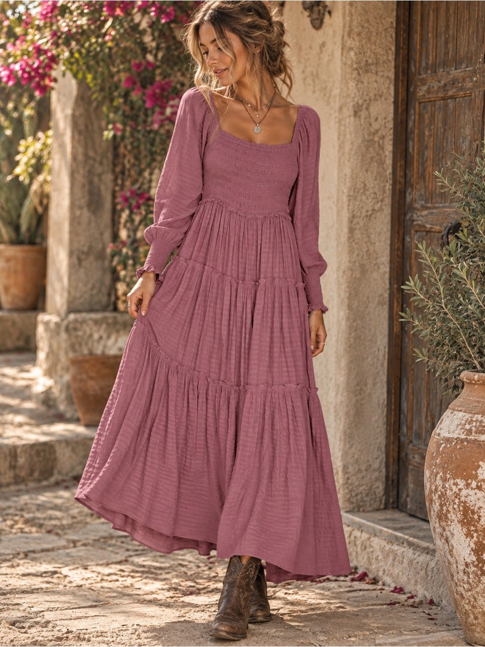 🌸 Sweet Lovely by Jen Mauve Smocked Tiered Maxi Dress S NWOT Sample